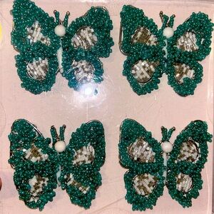 Set Of 8  Beaded Butterfly Napkin Rings Aqua Blue, White & Silver